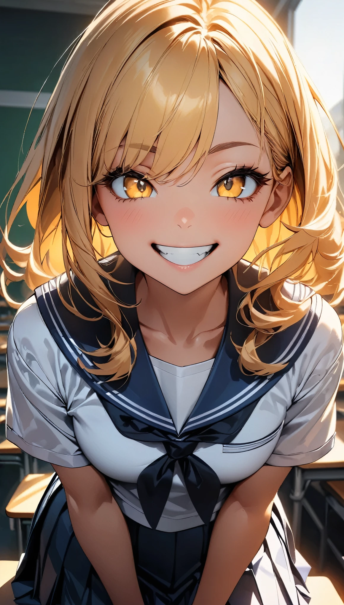 (Highest quality:1.2, Very detailed, up to date, Vibrant, Ultra-high resolution, High Contrast, masterpiece:1.2, Highest quality, Best aesthetics), (((1 person))), Golden Hair Girl, pale golden eyes, crazy smile, Sailor suit, Pleated skirt, Hands behind the body, please sit down, Strike a Pose, photo shoot,  School classroom, Sharp focus, Gazing Eyes, Beautiful Skin, Glowing Skin, Perfect Fingers, Five Fingers, Anatomically correct, Background Blur.