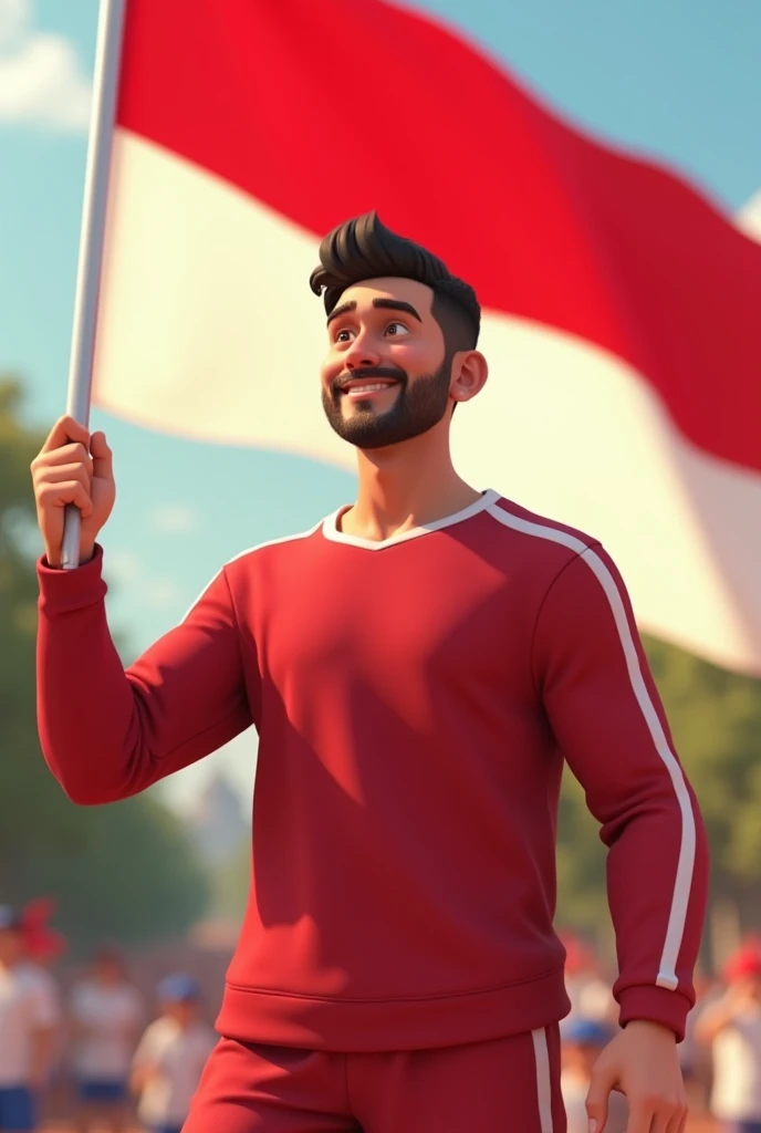 3D cartoon image , Smiling cheerfully, carrying the red and white flag, a handsome adult Indonesian man, 30 years old, with a stout and tall build., wearing long-sleeved loose sportswear with a red and white pattern for the Indonesian Independence Day, casual , , high resolution 4K; realistic, original photo