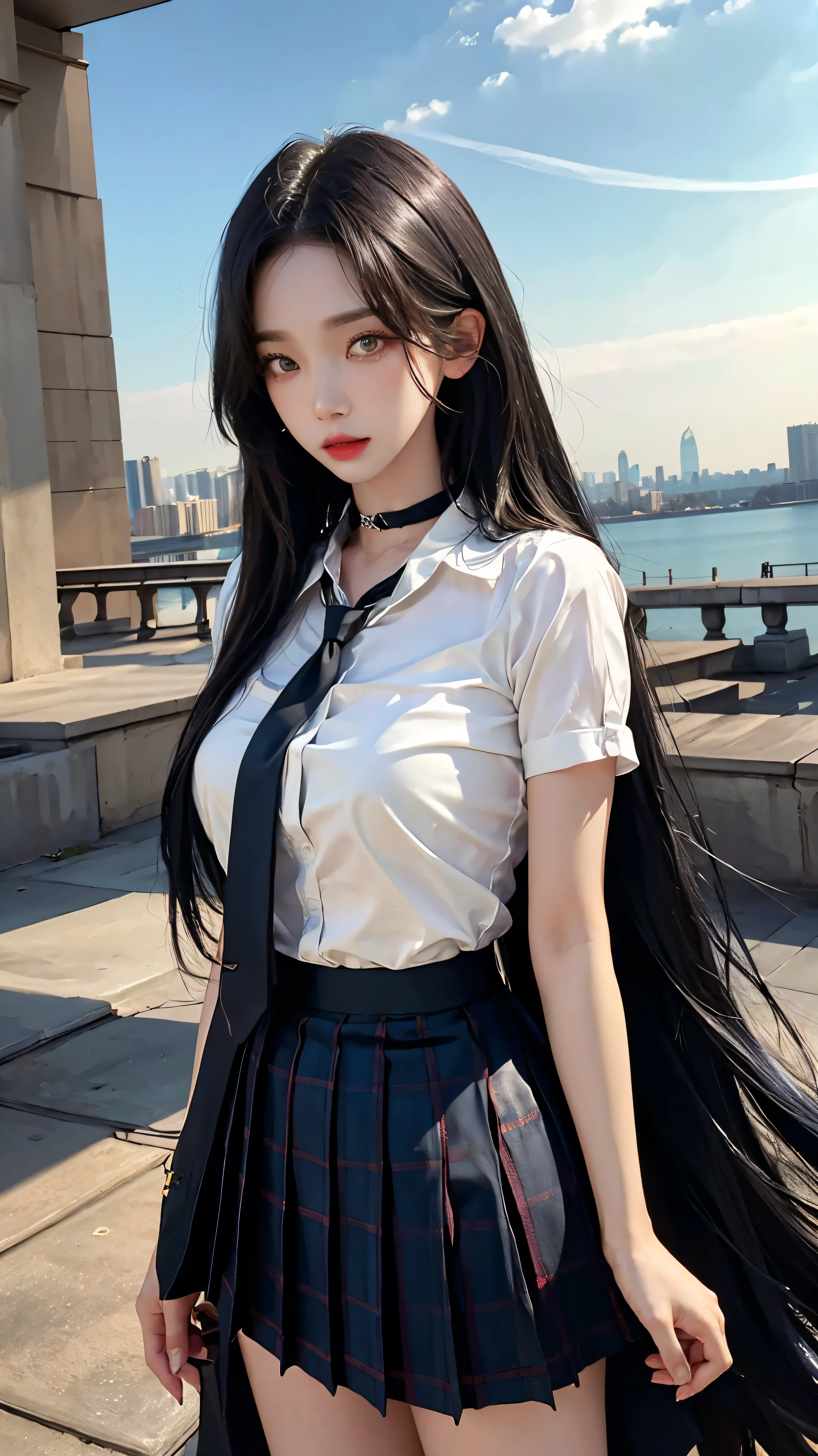 큰 chest, 젖어서 chest이 보이는 흰색 shirt, masterpiece, best quality, whole body, 1 woman, forehead, black choker, black necktie, blond hair, blue 짧은 skirt, panties, blush, bracelet, chest, choker, clothes approximately waist, clavicle, collared shirt, dress shirt, ear piercing, eyebrows visible through hair, gradient hair, 이를 드러내고 laugh, fix, bijouterie, Kogal, long hair, looking at viewer, loose necktie, necktie, piercing, plaid, plaid skirt, pleated skirt, red eyes, ring, , shirt, skirt, laugh, alone, Distance between high-rise buildings, sky, new york city downtown,illustration, (Magazines:1.3), (sheathe-style:1.3), fashionable, female, vibrant, outfit, posing, front, fancy, dynamic, background, coercion, confidence, expression, possession, name, accessories, majestic, coil, approximately, touch, scene, texts, sheathe, brave, attracting attention, title, Refined, font, catchy, headline, bigger, striking, modern, Trend, Concentrate upon, fashion,