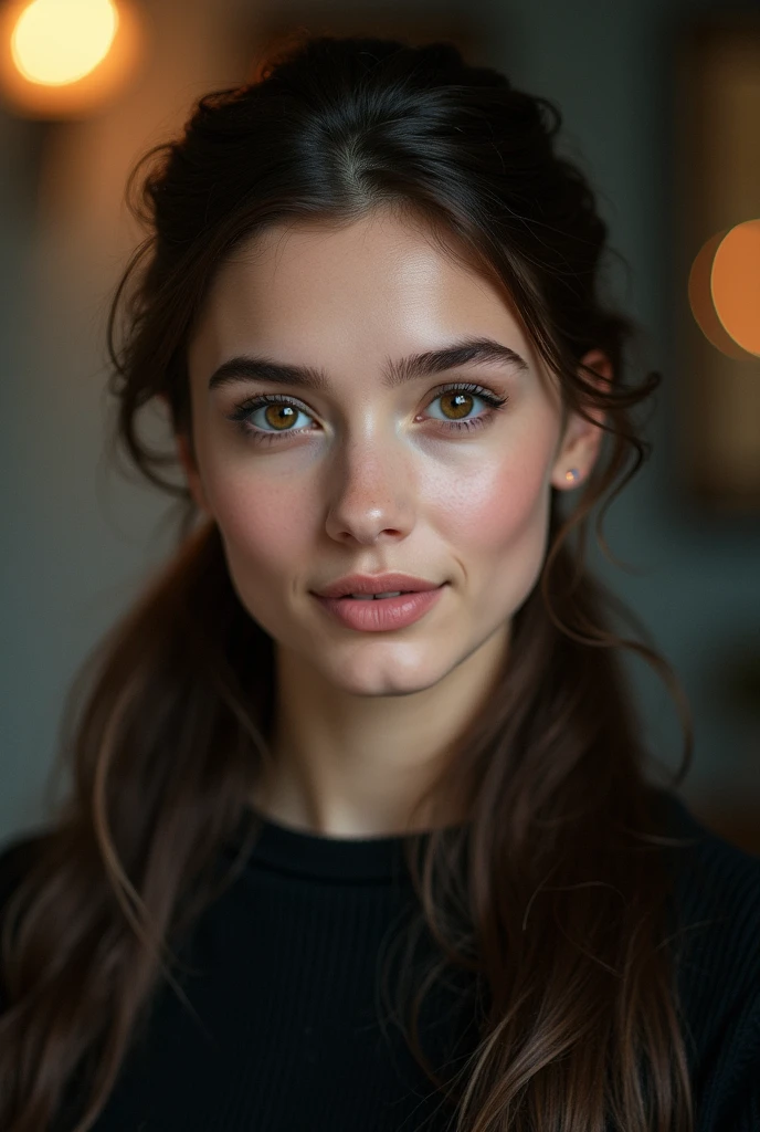 a hyperrealistic face of a russian girl, age 25 years old, dark brown hair, brown hazel eyes, pony tail hair, 1girl,((medium shot)), (best quality), (photorealistic:1.33), (masterpiece:1.1), beautiful face, clear eyes, strong rim lights,(cinematic lighting:1.2), beautiful detailed nose, looking at viewer, narrow shoulders, long hair, smooth skin, fair, (Best Quality,Photorealistic,hight resolution),Beautiful detailed eyes,Beautiful detailed lips, Smiling,k, makeup, top-quality, hightquality, Extreme Detail Photography, Eye for extreme detail, masterpiece, 16k, 8k, 4K, HD, UHD, a beautiful woman, posing for a picture, depth of field, bokeh, realistic, Neat and clean beauty, 1womanl, Solo,A detailed face, High resolution、(detailed facial features), (depth of fields, Portrait), ((dim light)),((film grain)), ((single-lens reflex camera)),(( 35mm lens focal length)), in selfie mode for instagram snapchat influencer,