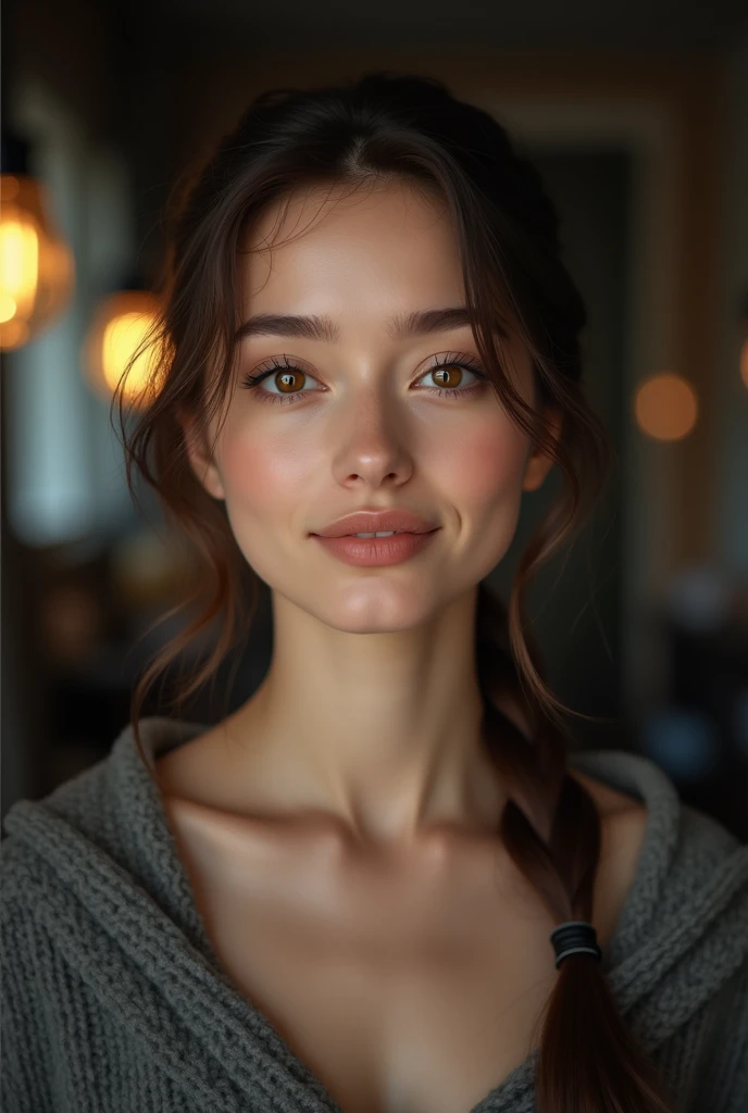 a hyperrealistic face of a russian girl, age 25 years old, dark brown hair, brown hazel eyes, pony tail hair, 1girl,((medium shot)), (best quality), (photorealistic:1.33), (masterpiece:1.1), beautiful face, clear eyes, strong rim lights,(cinematic lighting:1.2), beautiful detailed nose, looking at viewer, narrow shoulders, long hair, smooth skin, fair, (Best Quality,Photorealistic,hight resolution),Beautiful detailed eyes,Beautiful detailed lips, Smiling,k, makeup, top-quality, hightquality, Extreme Detail Photography, Eye for extreme detail, masterpiece, 16k, 8k, 4K, HD, UHD, a beautiful woman, posing for a picture, depth of field, bokeh, realistic, Neat and clean beauty, 1womanl, Solo,A detailed face, High resolution、(detailed facial features), (depth of fields, Portrait), ((dim light)),((film grain)), ((single-lens reflex camera)),(( 35mm lens focal length)), in selfie mode for instagram snapchat influencer,