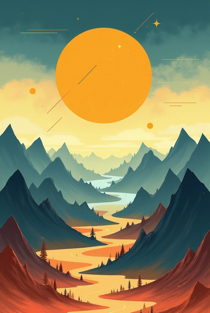 Space: Create a horizon line near the middle of the page to divide the sky from the land. Use negative space by leaving large areas of the paper empty to suggest distance and depth.

Shape: Add basic shapes such as a sun (circle), mountains (triangular shapes), and trees (triangle or rectangle shapes).

Line: Use lines to create the outlines of the mountains, the trunk of the trees, and the rays of the sun. Use different line thicknesses to add variety and interest.

Color: Fill the sky with a gradient from blue to lighter blue or yellow (for sunrise/sunset). Color the mountains in earthy tones like brown or grey. The trees can be green, and the sun can be yellow or orange.