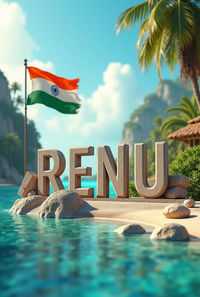 Name “RENU” real 3D sea Island background with big Indian flag , stone text capital big aroplane, stone peal. stylish in front 3D rendering, typography, 3d render,