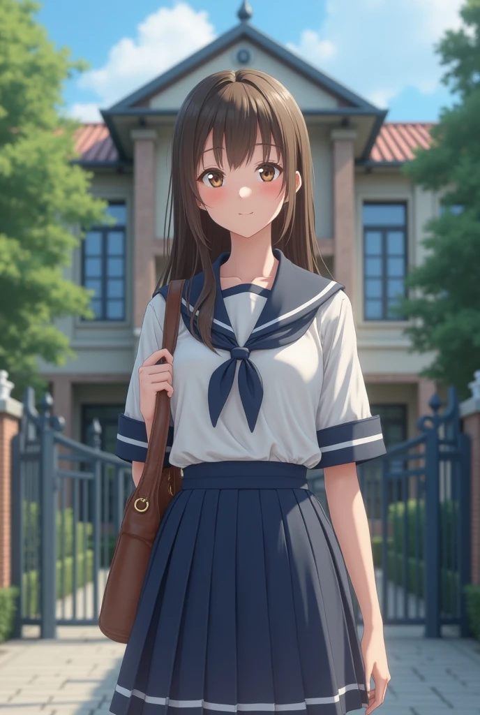 front view, looking at viewer, Full body , standing pose, Japanese JK Girl , (-old),(Diled face, Beautiful brown Eyes, Light brown straight middle hair, fringe, small lips little smile), (C cup breasts, Slender Hoist, middle Hip) ,(High school uniform, cute Sailor suit , Navy blue gather middle skirt, summer style), brown leather shoes, brown school bag, front school gate , background high-school building, (masterpiece, highest quality, High resolution, Photo realistic, sharp, RAW Photos, 8k wallpaper, perfection, Professional Lighting, Very detailed),