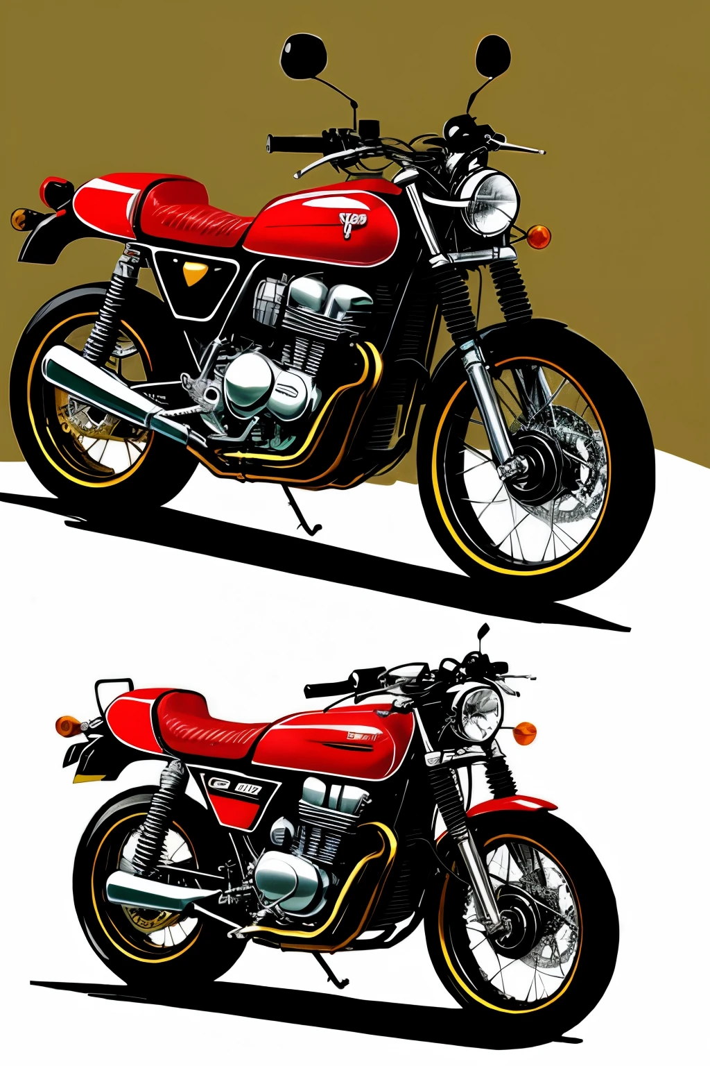 Motorcycle concept draw, based on the 1981 honda cb650 custom, inspired in yugioh 5ds duel runners bloody kiss and yusei go, inspired in akira kanedas bike, custom build, stylized bodywork, aggressive and aerodynamic, sportier, fast