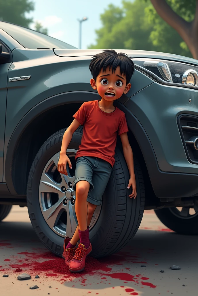 A man getting hit by a maruti ertiga car in his leg and his age 13 and gets very hurt and bleeds and he is lighter orange and he doesn't fall he is angry and sad at the same time and he hits from the front of car and the cars tire is on the boys leg