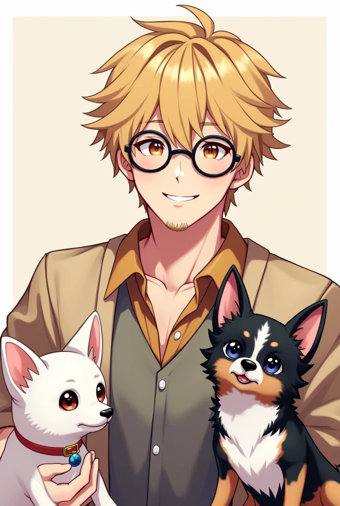 Character with features from the Genshin Impact game, 29-years-old, masculine, blond, brown dark eyes, round circular eyeglasses, casual outfit, Grinning, with a short beard, social hair, accompanied by a short-haired white Chihuahua dog, and another long-haired chihuahua dog with a double color of black and white.