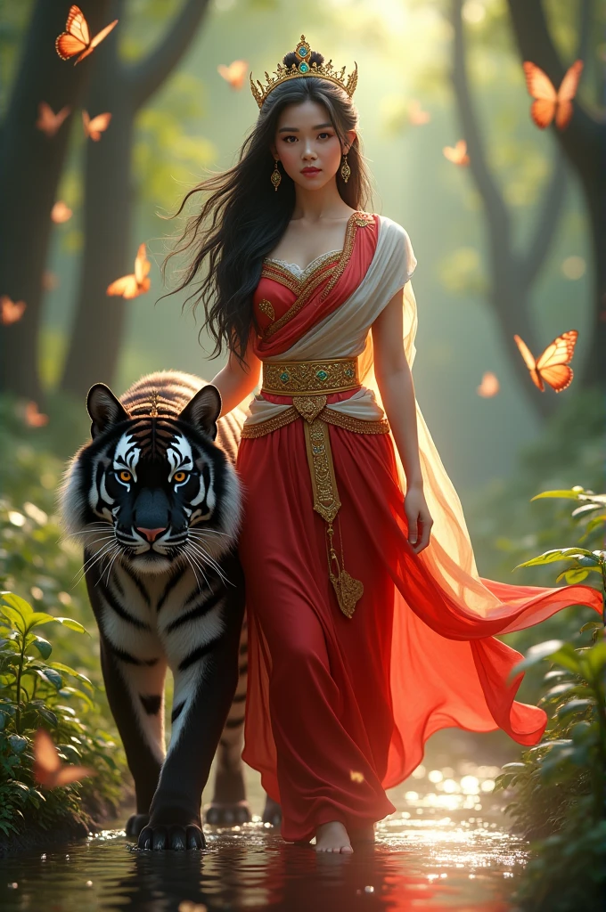 full lenght hiper 4k Full body image of a young woman, beautiful face, gentle and soft, white skin, 21 years old, long black hair, wearing a fiery red ancient Dusit Thai dress, a red and gold sarong, a beautiful and exquisite nine-pointed belt, a white and gold shoulder shawl, glowing and shimmering. Full body image, wearing a small crown on her head decorated with emeralds, glowing light, aura around her, on the side there is a huge black tiger with emerald eyes, wearing gold accessories walking beside the young woman, in the middle of a small stream, there are colorful butterflies flying around, glowing and shimmering beautifully. Oil painting, 3D image, beautiful and sharp. Art image of Professor Chalermchai