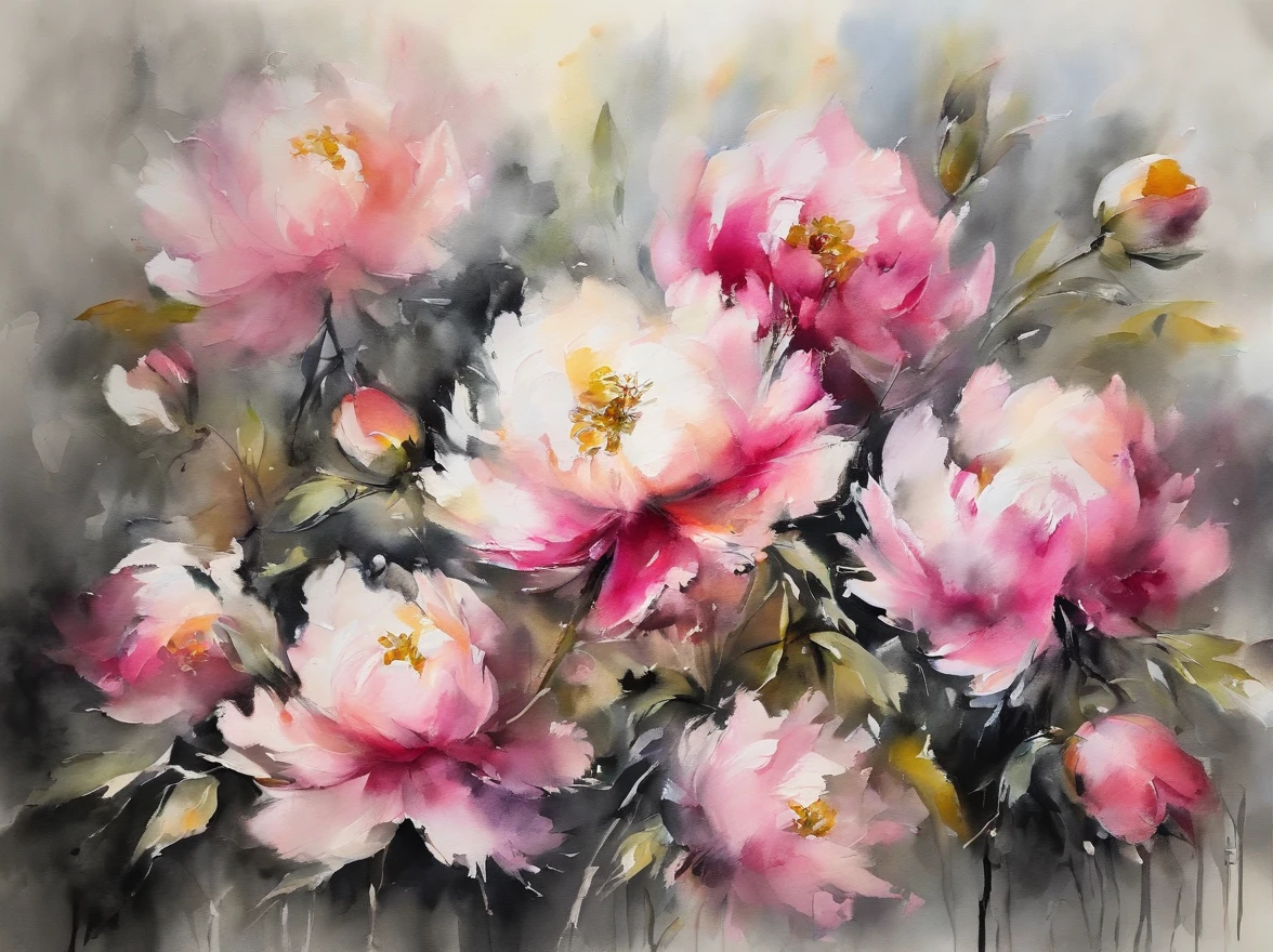 ((materpiece)), ((best quality)), ((high-res)), ((Ink wash)), ((artist)), ((extremly details)), beautiful peony flowers, neon colors