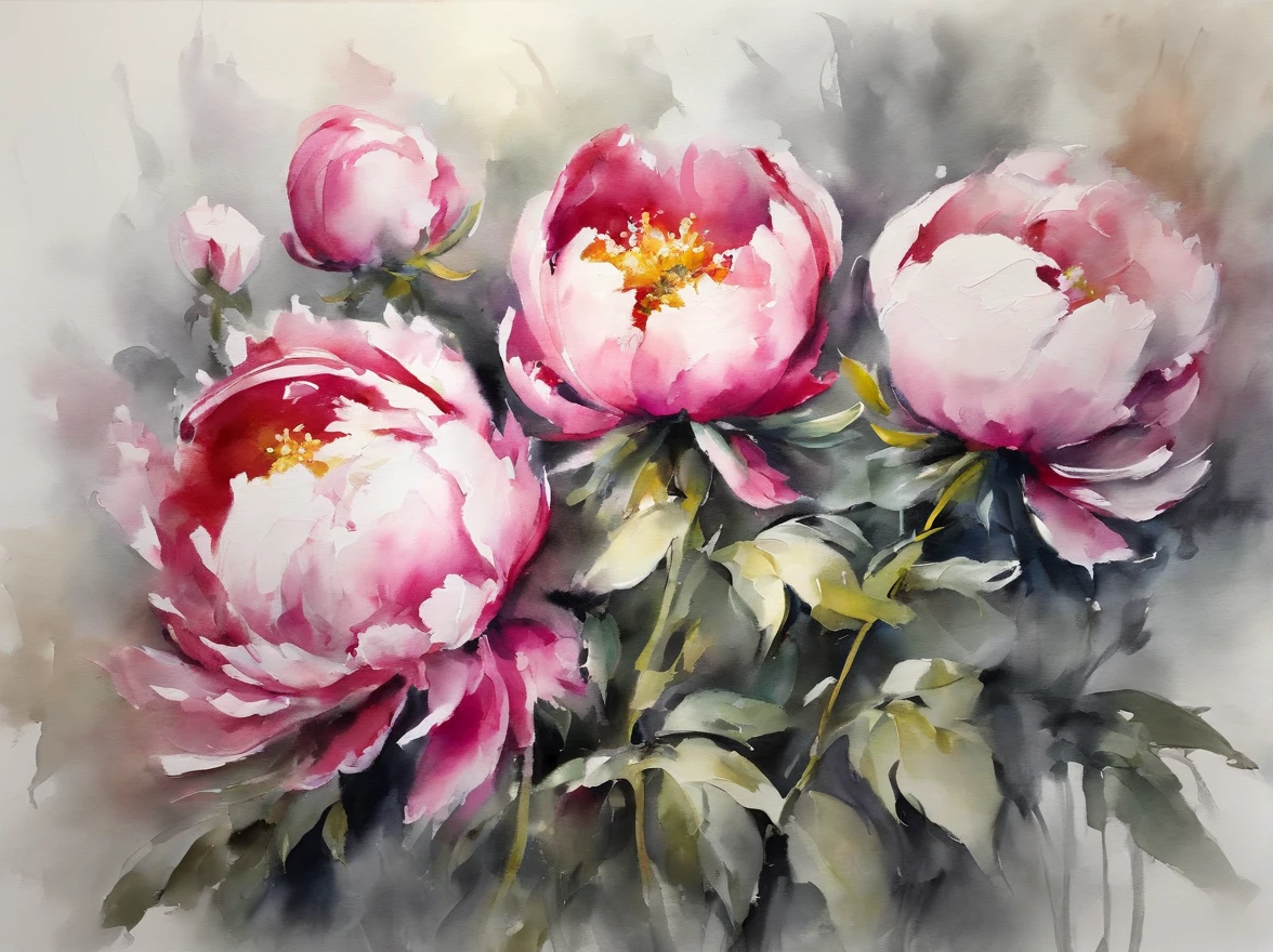 ((materpiece)), ((best quality)), ((high-res)), ((Ink wash)), ((artist)), ((extremly details)), beautiful peony flowers, neon colors