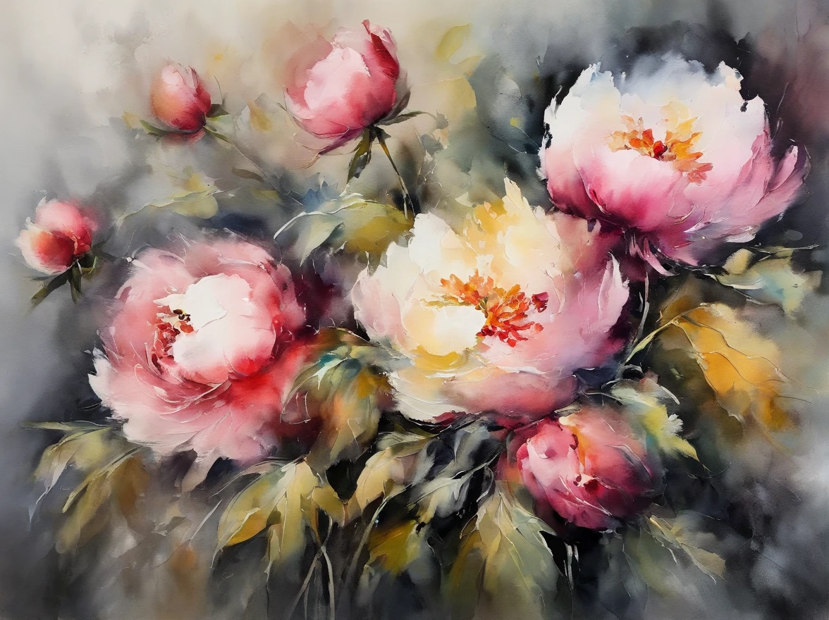 ((materpiece)), ((best quality)), ((high-res)), ((Ink wash)), ((artist)), ((extremly details)), beautiful peony flowers, neon colors