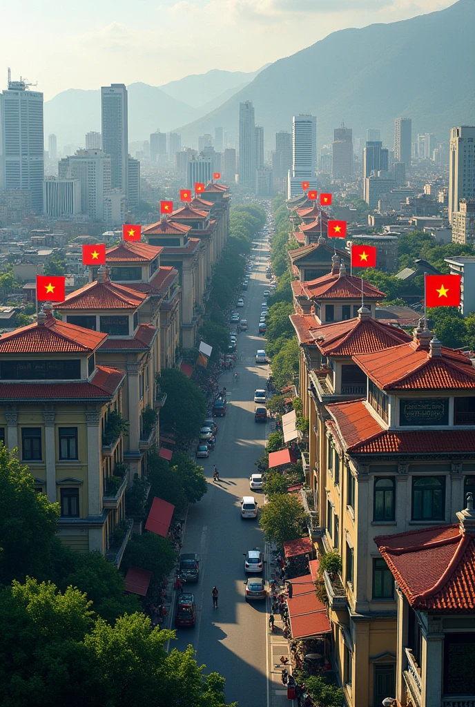 A vietnamese city. Some buildings in the city have the roof that was painted Vietnamese national flag.