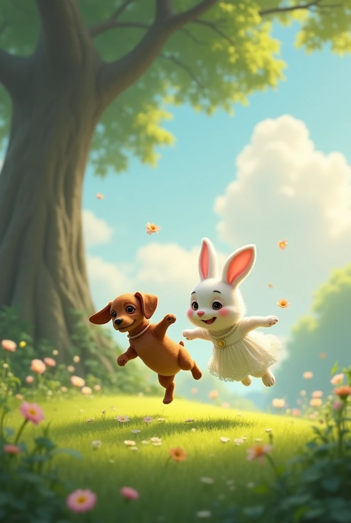 A little rabbit in a white dress and a brown dachshund are jumping and floating in the grass, the sky is low with clouds and big trees.