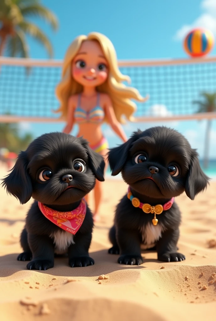 cute adorable 2 black shih tzu puppies, cute blonde girl, extremely detailed, big blue eyes, wearing colorful collar and bandana, playing beach volleyball, 3D Pixar style, at beach, photorealistic, (best quality,8k,highres,masterpiece:1.2),ultra-detailed,(realistic:1.37),HDR,vivid colors,studio lighting