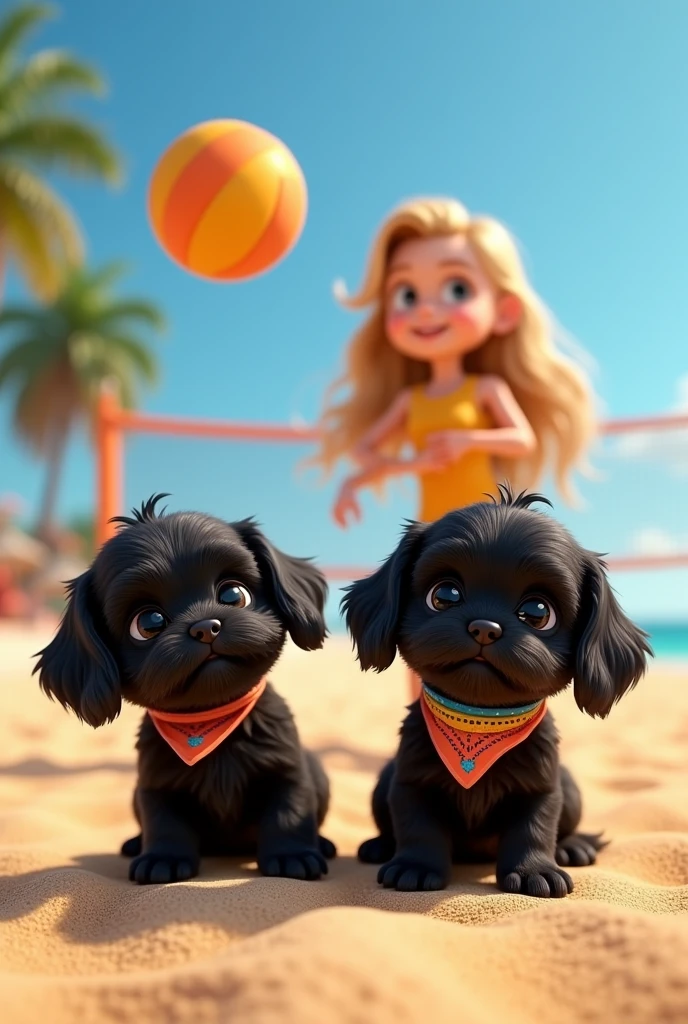 cute adorable 2 black shih tzu puppies, cute blonde girl, extremely detailed, big blue eyes, wearing colorful collar and bandana, playing beach volleyball, 3D Pixar style, at beach, photorealistic, (best quality,8k,highres,masterpiece:1.2),ultra-detailed,(realistic:1.37),HDR,vivid colors,studio lighting