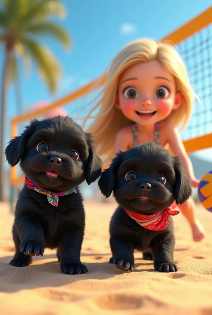cute adorable 2 black shih tzu puppies, cute blonde girl, extremely detailed, big blue eyes, wearing colorful collar and bandana, playing beach volleyball, 3D Pixar style, at beach, photorealistic, (best quality,8k,highres,masterpiece:1.2),ultra-detailed,(realistic:1.37),HDR,vivid colors,studio lighting