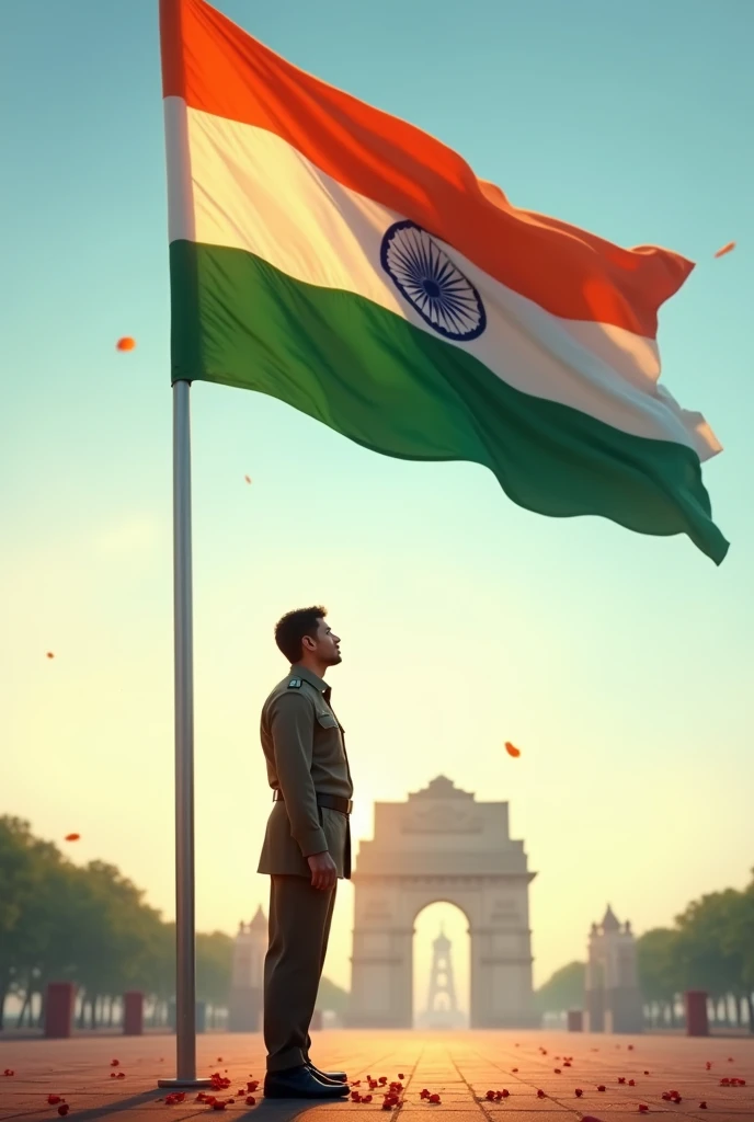 On Independence Day Standing in front of Indian Flag and salute