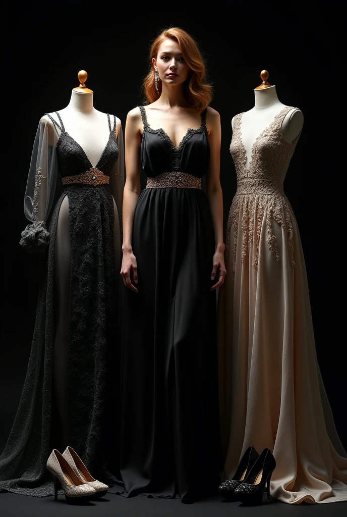 Black background and woman dress and shoes collection on the front for