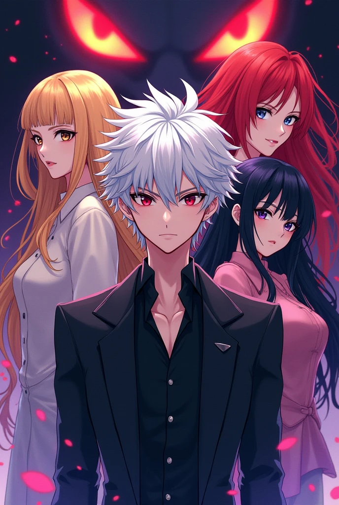 Make a light novel cover, in the center is a male character with white anime hair, Surrounded by a blonde girl, a redhead and a black-haired girl, in the background of the image there is a malevolent expression as if he wants the bad of all of them