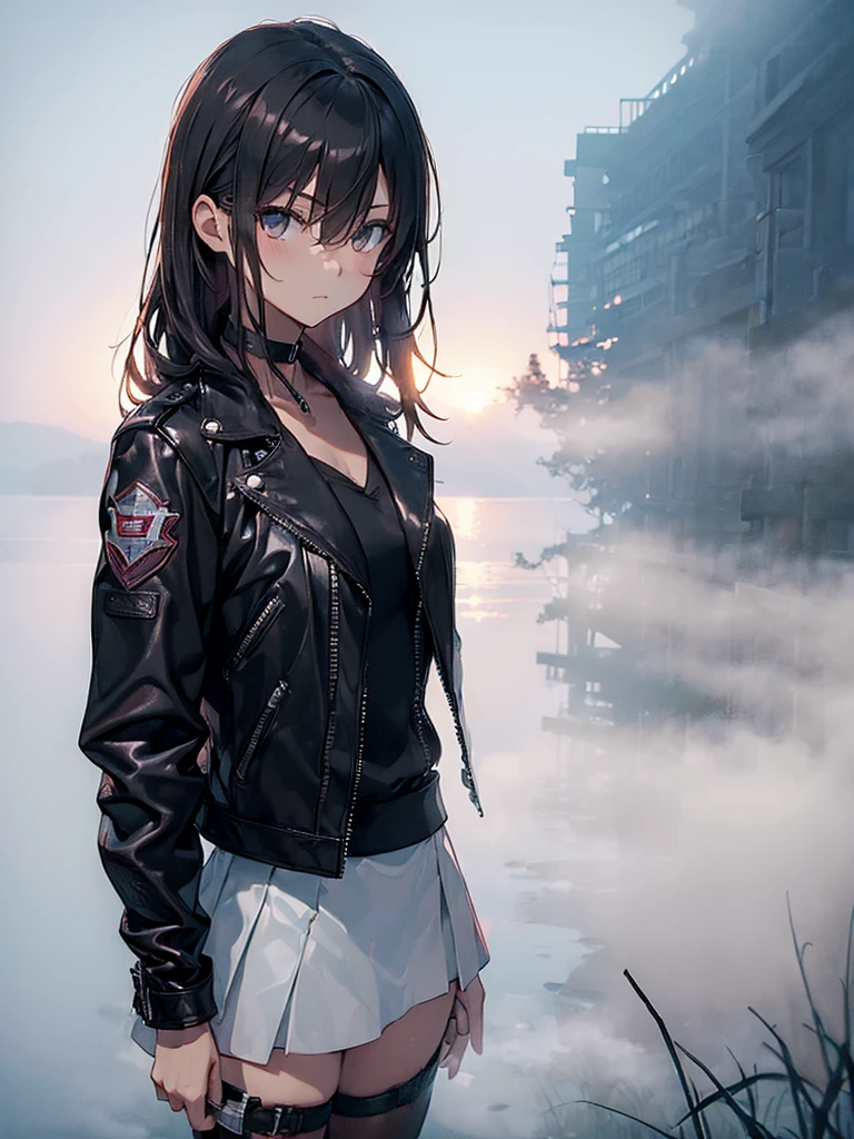 (Mysterious Fog:1.5), The background is the lakeside, The time is dawn, Sad, rider, Black Leather Jacket, Misaka Mikoto, 1girl, black choker, uhd, retina, masterpiece, ccurate, anatomically correct, textured skin, super detail, high details, high quality, best quality, highres, 4K