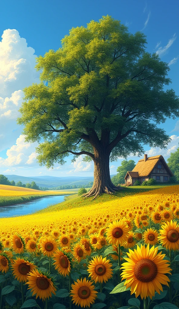 A masterpiece, a great composition, a summer landscape, a big tree standing in a field of sunflowers, a river flowing nearby, a farmhouse, a gentle thatch, sunflowers blowing in the wind, blue sky, big white clouds, beautiful details and colors.