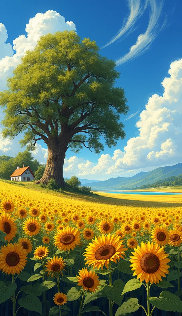 A masterpiece, a great composition, a summer landscape, a big tree standing in a field of sunflowers, a river flowing nearby, a farmhouse, a gentle thatch, sunflowers blowing in the wind, blue sky, big white clouds, beautiful details and colors.