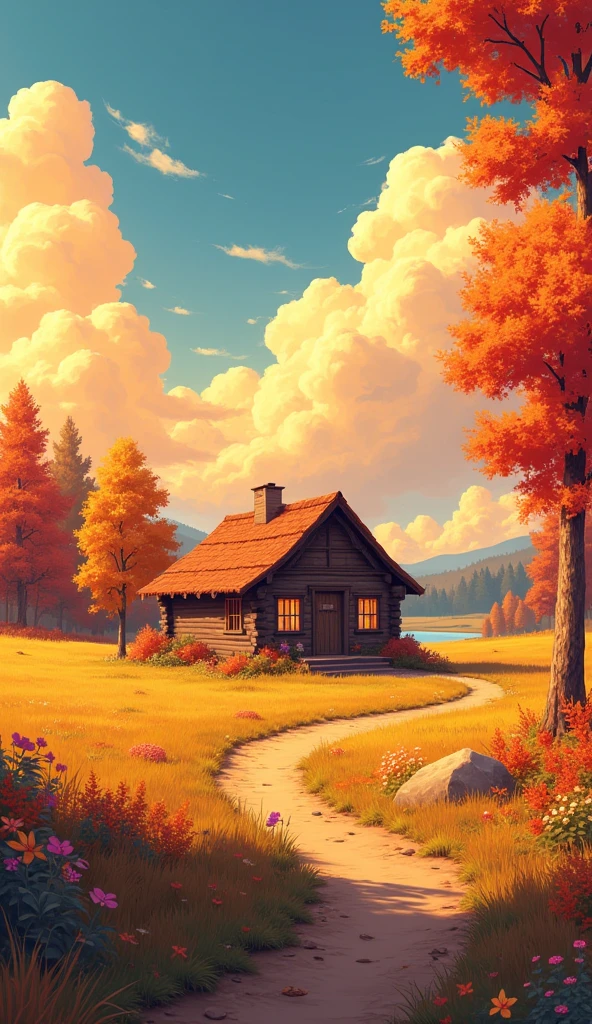 - A stunning landscape with a cosy cabin in the foreground, surrounded by a vibrant autumn scene. The sky is very dynamic and ablaze with dramatic, fiery detailed clouds in shades of orange and yellow, casting a warm glow over the lush, colourful foliage. A winding path leads through the field of wildflowers towards the charming cabin, creating a serene and inviting atmosphere. anime, 4k, crystal clear.