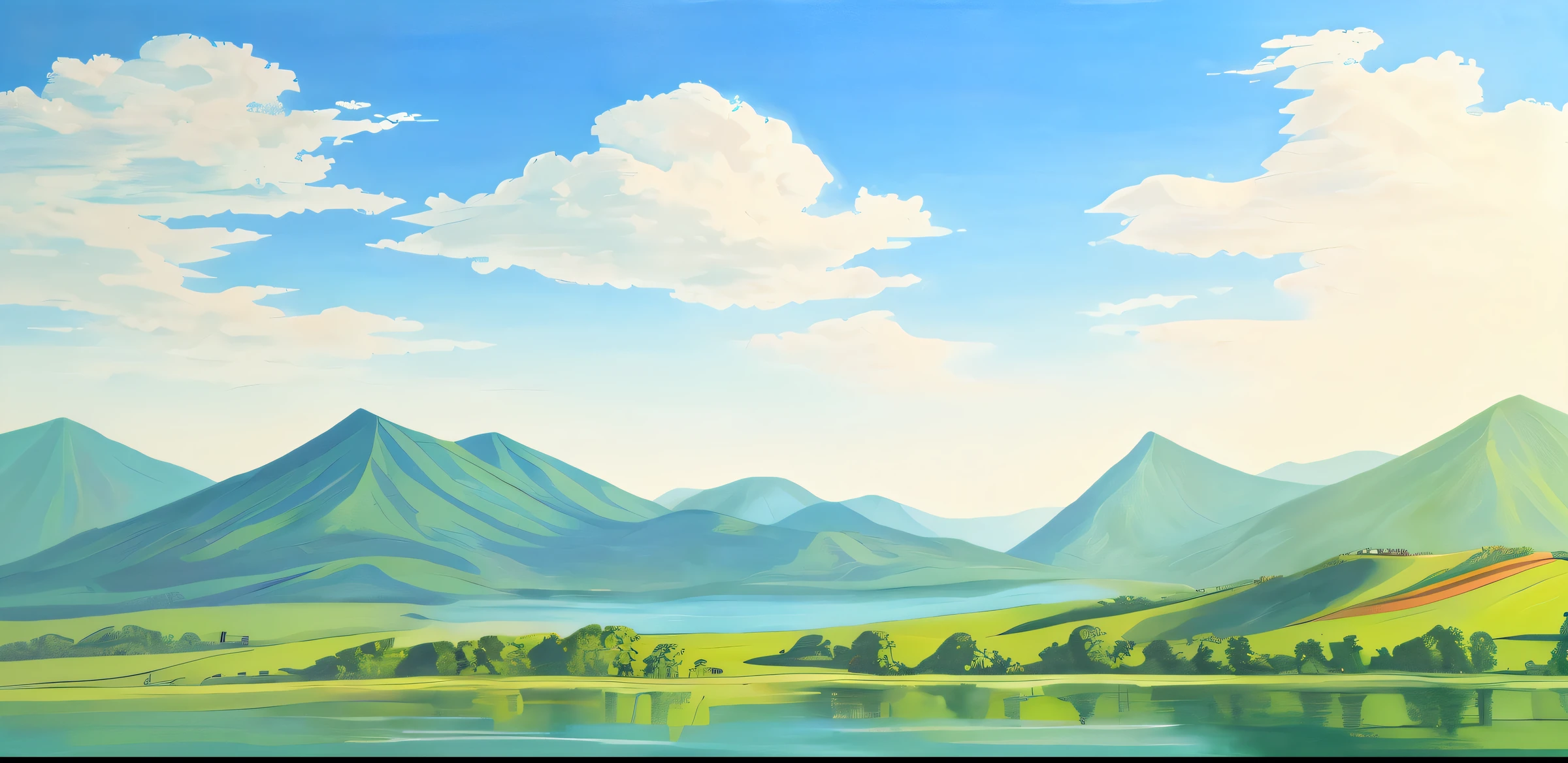There is a painting,The scene is blue sky, white clouds, green water and green mountains.