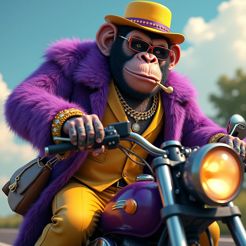 1 purple ape, with a yellow gangster suit with chains, hat and glasses, tattooed, with huge diamond and gold rings, smoking with a pipe, riding a motorcycle with a bag in one hand and a knife in the other