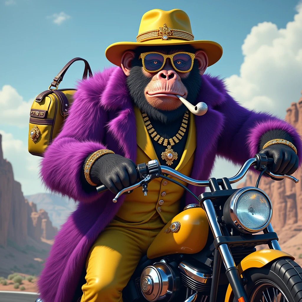 1 purple ape, with a yellow gangster suit with chains, hat and glasses, tattooed, with huge diamond and gold rings, smoking with a pipe, riding a motorcycle with a bag in one hand and a knife in the other