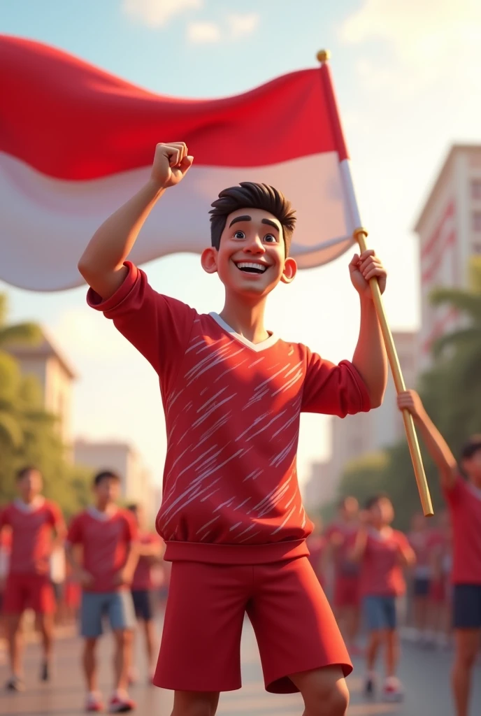 3D cartoon image , Smiling cheerfully, carrying the red and white flag, a handsome adult Indonesian man, 30 years old, with a stout and tall build., wearing long-sleeved loose sportswear with a red and white pattern for the Indonesian Independence Day, casual , , high resolution 4K; realistic, original photo