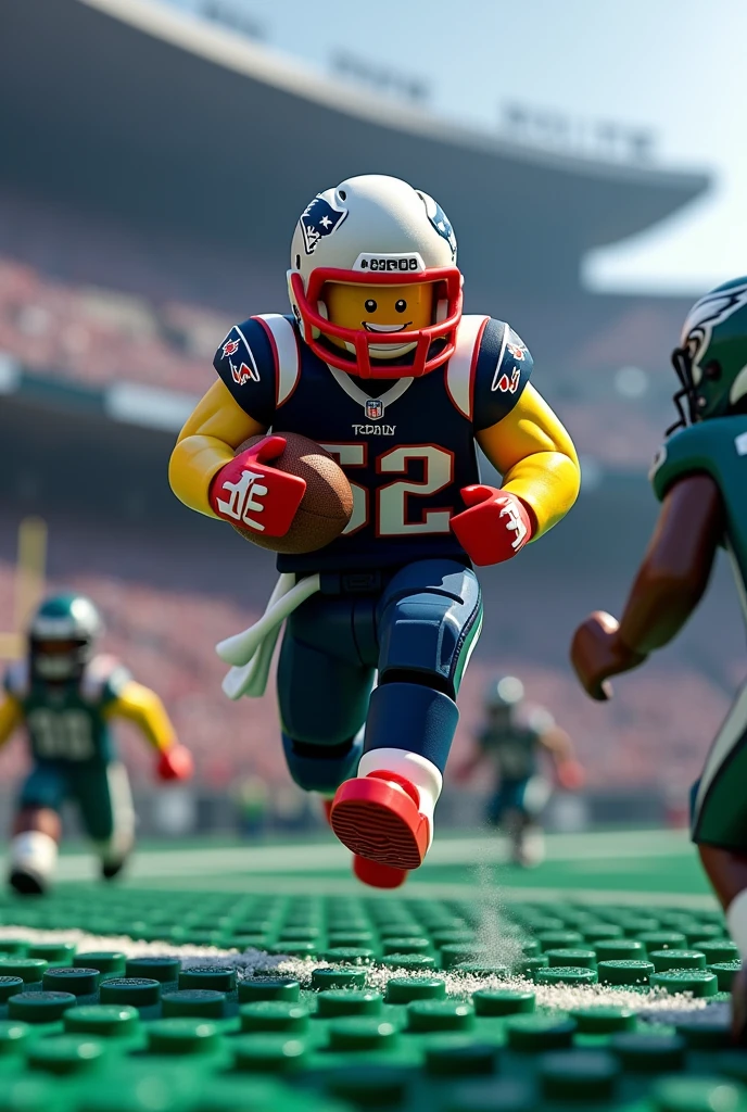 player #87 Rob Gronkowski of the New England Patriots on the Gillette Stadium field made of millions of LEGO pieces running with the football and plowing through 4 Philadelphia Eagles players to score a Touchdown