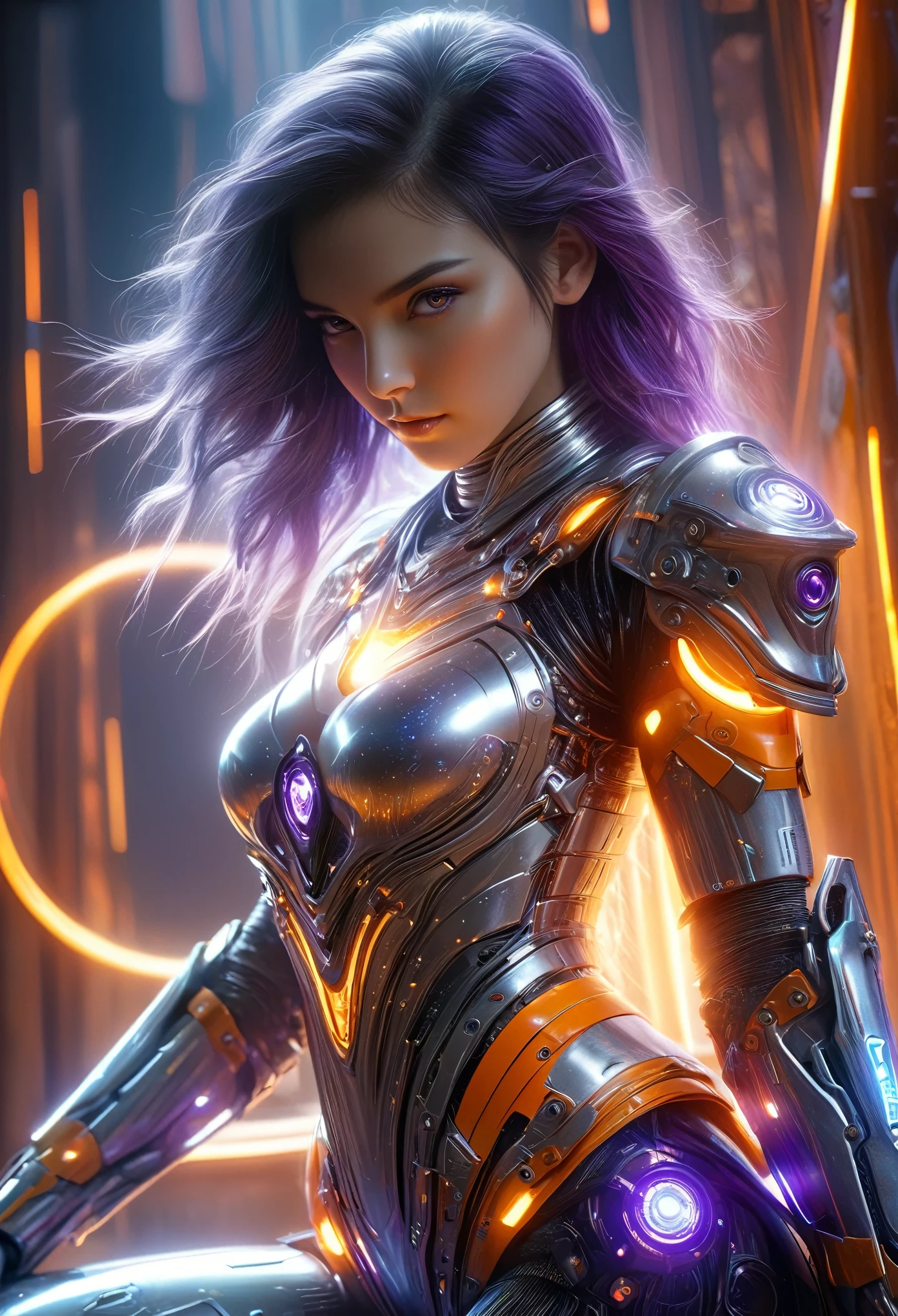 (Best Quality, 4K, 8K, High Resolution, Masterpiece: 1.2), (Super Detailed, Realistic, Photorealistic:1.37), A woman in futuristic clothing, (erotic and sexy:1.4), Trending on cgstation, Trending on cgstation, (Portrait of a girl in the Knights of the Zodiac:1.4), (blunt bangs:1.7), Cute Cyborg Girl, Perfect android girl, Portrait Astronaut Girl, Beautiful girl cyborg, Girl wearing iridescent and orange and purple and white mechanical cyber armor, Game CG, cgsociety and fenghua zhong, Beautiful Cyborg Shrine Maiden, Bioluminescence, (Gal Gadot:0.6), Anatomically correct grip, Anatomically correct four fingers and one thumb, (long claws:1.4), erotic and sexy, A gorgeous cape with beautifully detailed embroidery, energy ball