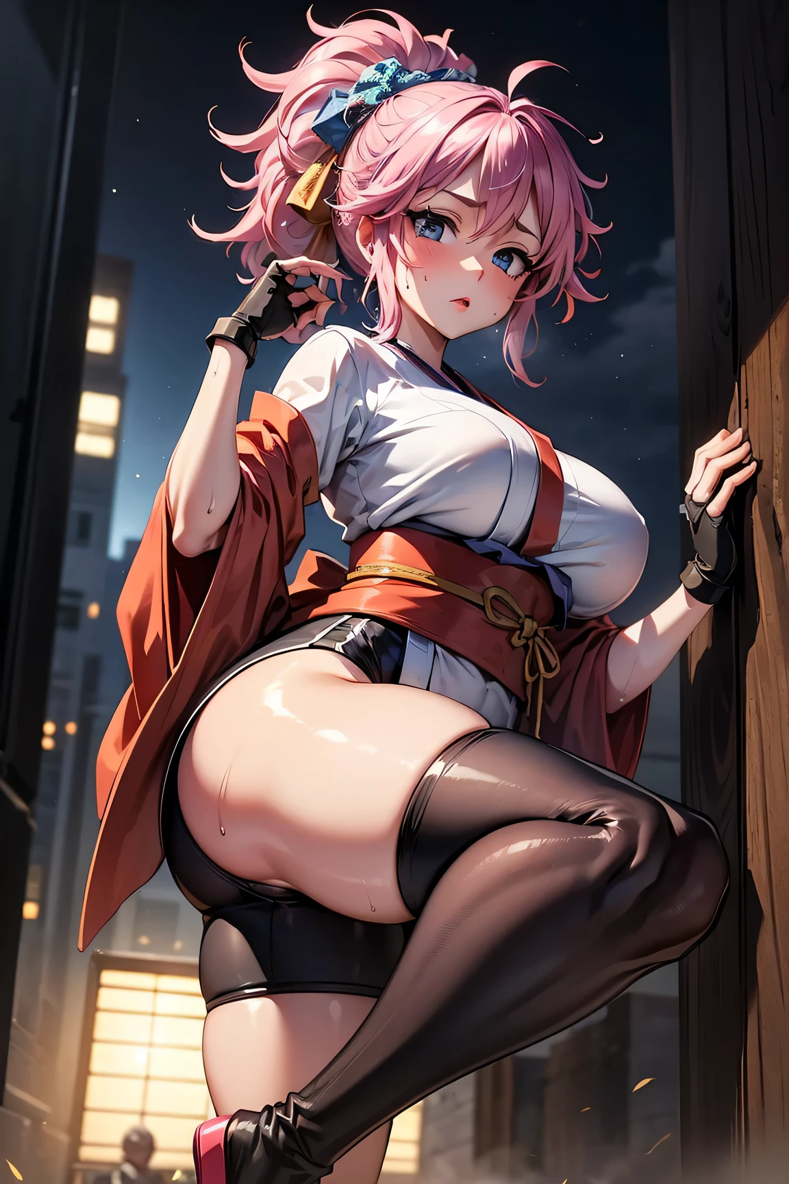 masterpiece, Highest quality,  Unreal Engine,  Super Resolution, Very detailed, 

Beautiful woman, March, Short kimono, No furisode, heart, sash, Fingerless gloves, Bike Shorts, socks,Knee socks,or, ponytail,hair_ornament, Vivid expression, Healthy Body, Smooth skin texture, Carefully drawn, 

(humidity:1.5), Beautiful Eyes, (Attractive face:1.2), (Beautiful Skin), Tight waist, (Big Breasts), (Sticky with sweat), Dynamic pose, 

In the world of Hunter Hunter, Outdoor, Slums at night,