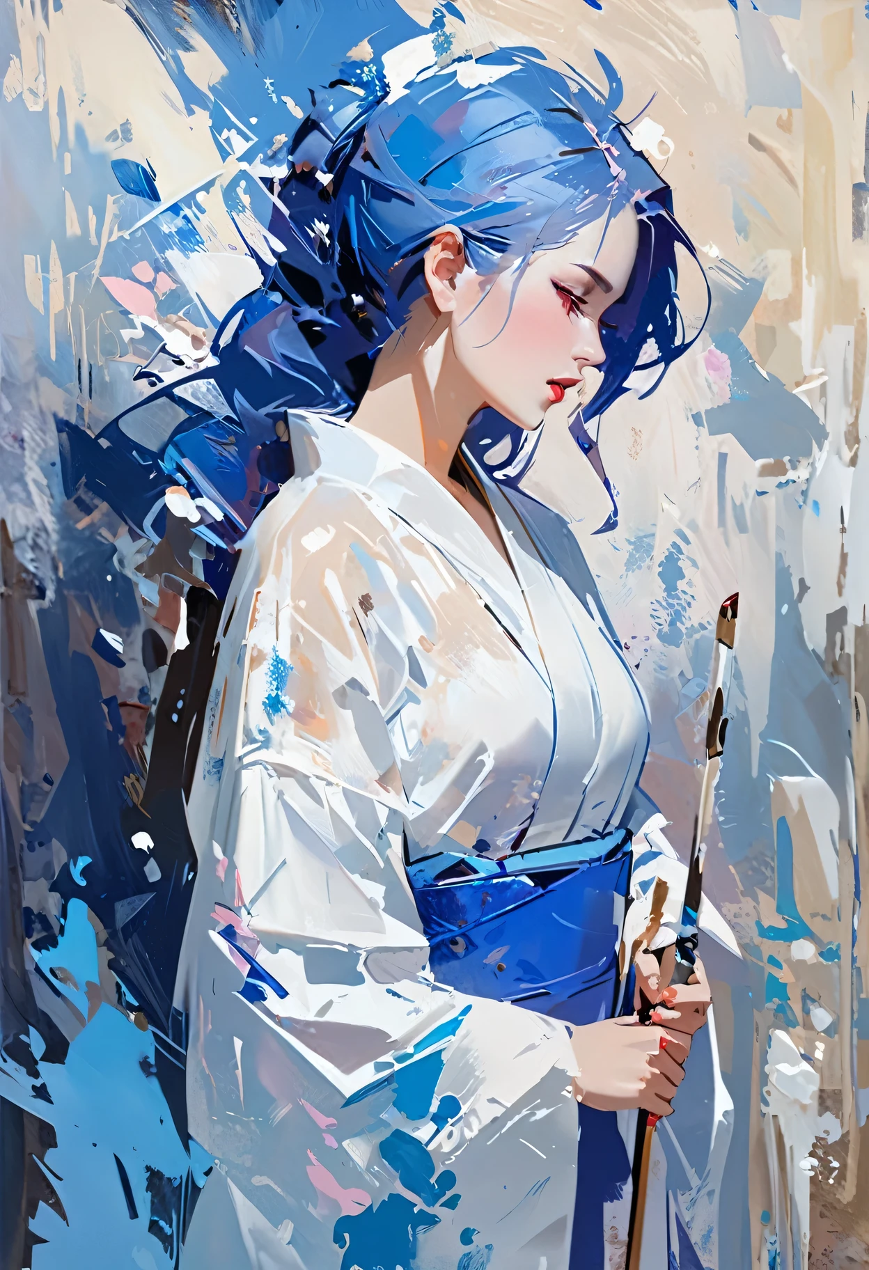 in snow mountains, The weather in the mountains is a blizzard、Painting of a female monster with long hair、Wearing a white kimono、Painting of a female monster with a blue face、A painting of a female demon directing your path、darkness、wind and snow、dark sky, Low light、snow、A beautiful female demon appears in the snowstorm and kills people who get lost.、intricate and intense Oil paints, Abstract Painting, intricate Oil paintsing artwork, Vadim Kashin、Realistic, gives the viewer a detailed impact, a portrait painted with oil paint, , intricate and wet Oil paints, Oil paints, New art beyond dimensions, ryan hewett、bichu、oil paintin、A three-dimensional painting、super masterpiece、Ultra high definition、vivid colors、