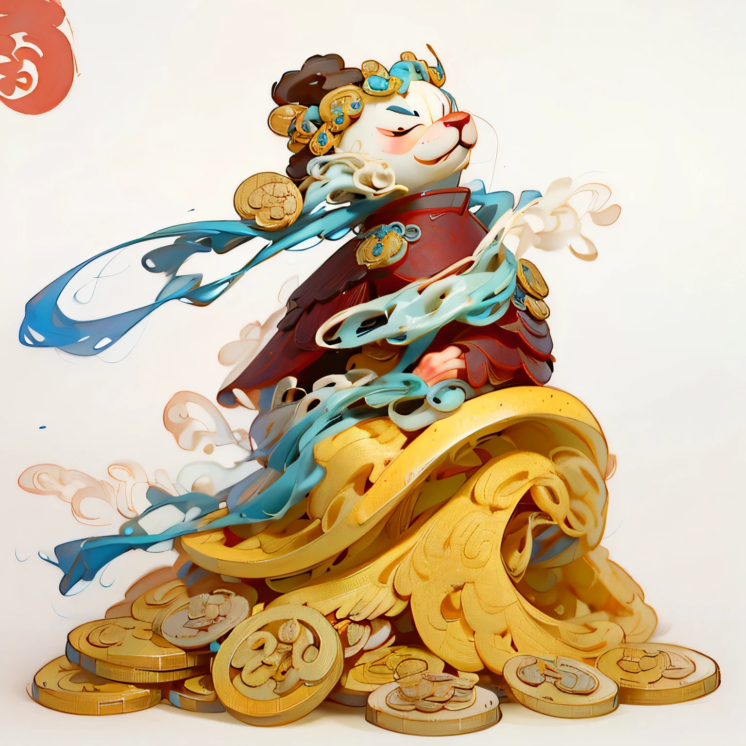 Close-up of a cartoon character sitting on a pile of coins, God of Wealth, Inspired by Pu Hua, Inspired by Hu Zaobin, Inspired by Lu Guang, Inspired by Gong Xian, Inspired by Wu Bin, Traditional Chinese Art, Inspired by Dong Yuan, Chiba Yudai, Chinese style