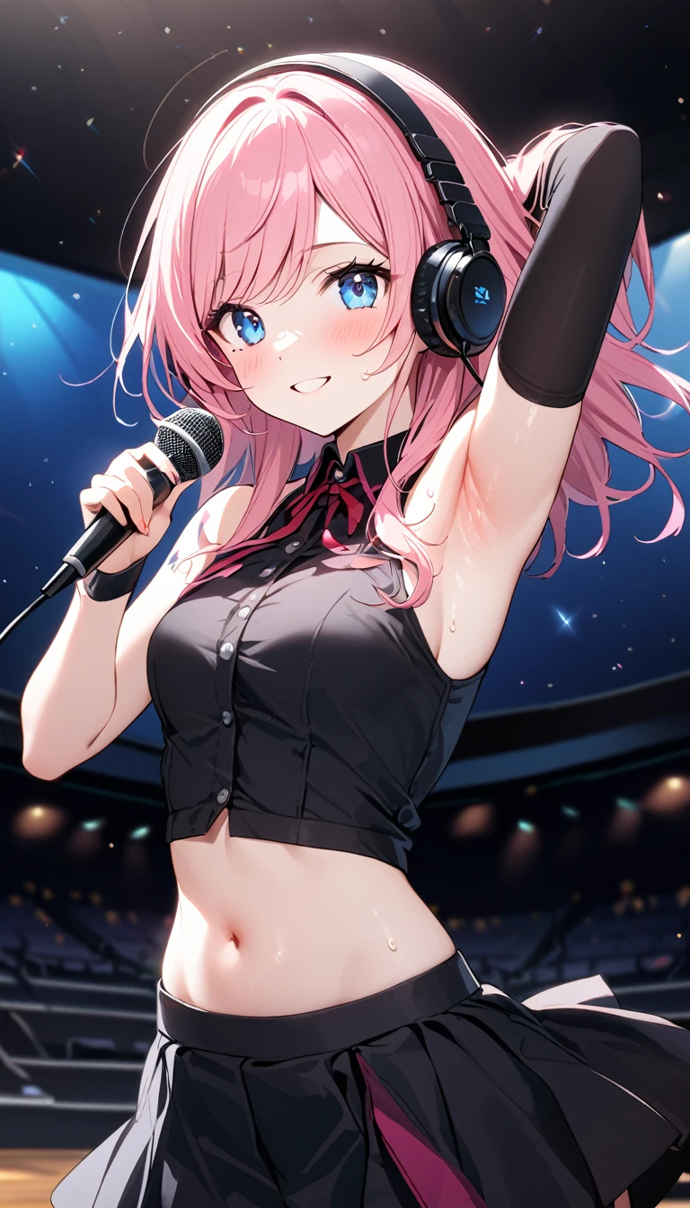 (1 girl),(Best Picture Quality, 8K, Masterpiece:1.3), (high school student:1.5), ((pink lob hair:1.3)), (flipped hair),((swept bangs)), (cute eyes, pupil black, iris skyblue, youthful face), (mole under right eye), (standard weight), (small breasts), (glistening skin:1.3),(pale skin:1.2),(sweaty skin:1.2),(Smile),BREAK arm warmers, armband, bare shoulders, black shirt, black skirt, crop top, midriff, navel, shirt, shoulder tattoo, single arm warmer, skirt, tattoo, headphones, BREAK concert hall, BREAK ((showing armpit)),(song),(mic),