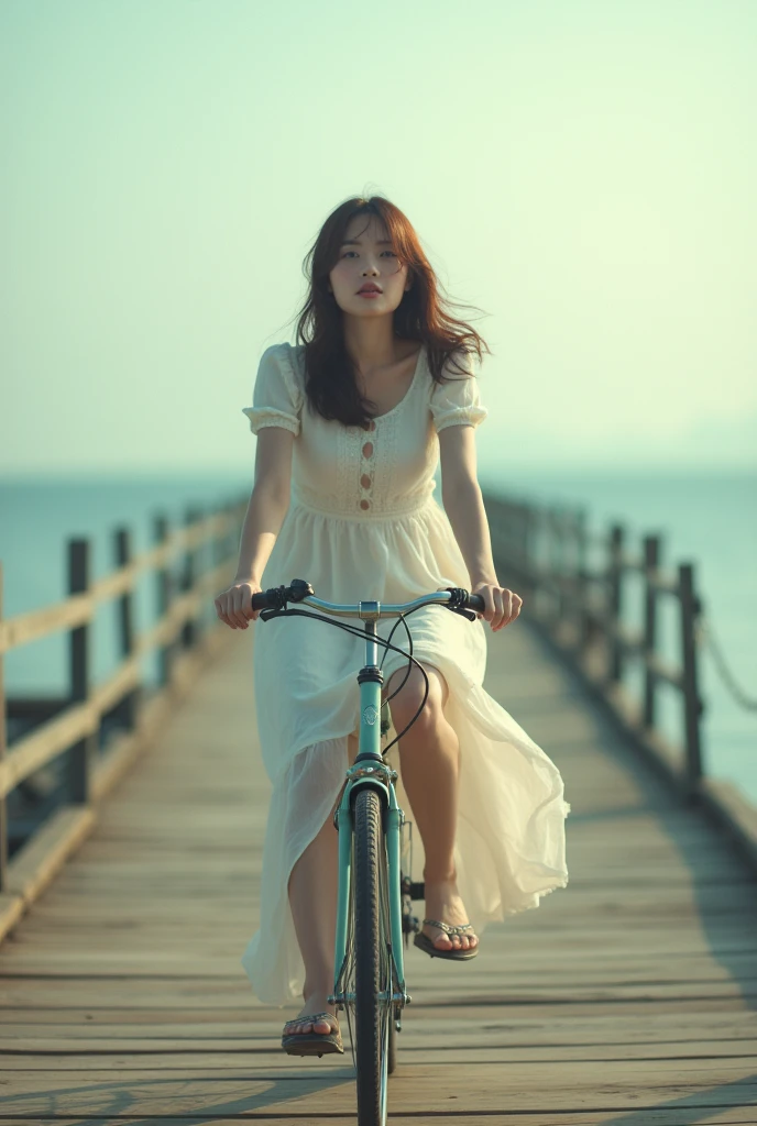 Surrealism:1.5,  Bokeh, young woman aesthetic, bicycle riding, pier, High-quality DSLR snapshots, High-definition film grain photo taken at f/16, ISO 100, With 200mm lens, Global Illumination, Fibonacci