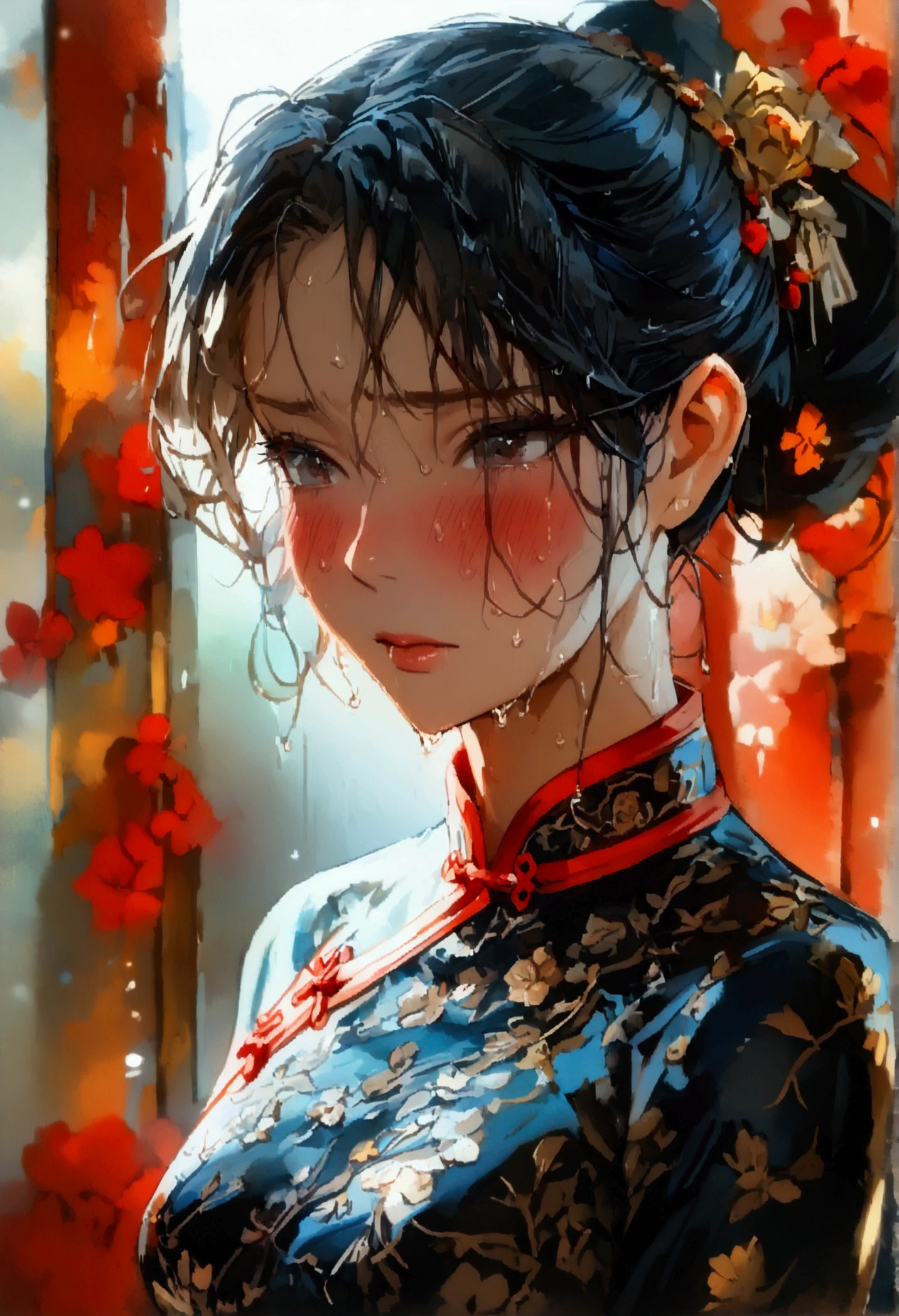 Double ponytail hair、Exquisite black cheongsam, Appears to be about 178, (beautiful girl: 1.3),best quality,8k,Highly detailed CG unit wallpaper,masterpiece:1.2,Top quality,Ultra-high resolution,RAW photos,Real texture skin,Cinema Lighting,Awkward,blush, steam,wet,Sweat,Wet eyes,Weak,megabuildings,City,This girl is a delivery girl delivering Chinese food to customers.,,烹饪产生的蒸steam,,,Large target, round, Beautifully shaped buttocks,,((Buttock posture)),