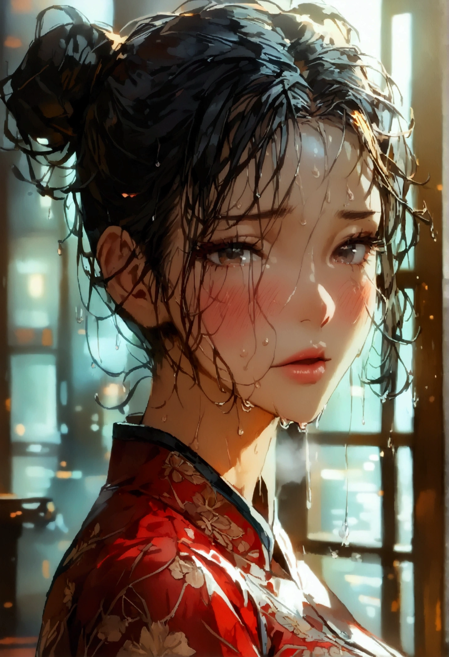 Double ponytail hair、Exquisite black cheongsam, Appears to be about 178, (beautiful girl: 1.3),best quality,8k,Highly detailed CG unit wallpaper,masterpiece:1.2,Top quality,Ultra-high resolution,RAW photos,Real texture skin,Cinema Lighting,Awkward,blush, steam,wet,Sweat,Wet eyes,Weak,megabuildings,City,This girl is a delivery girl delivering Chinese food to customers.,,烹饪产生的蒸steam,,,Large target, round, Beautifully shaped buttocks,,((Buttock posture)),