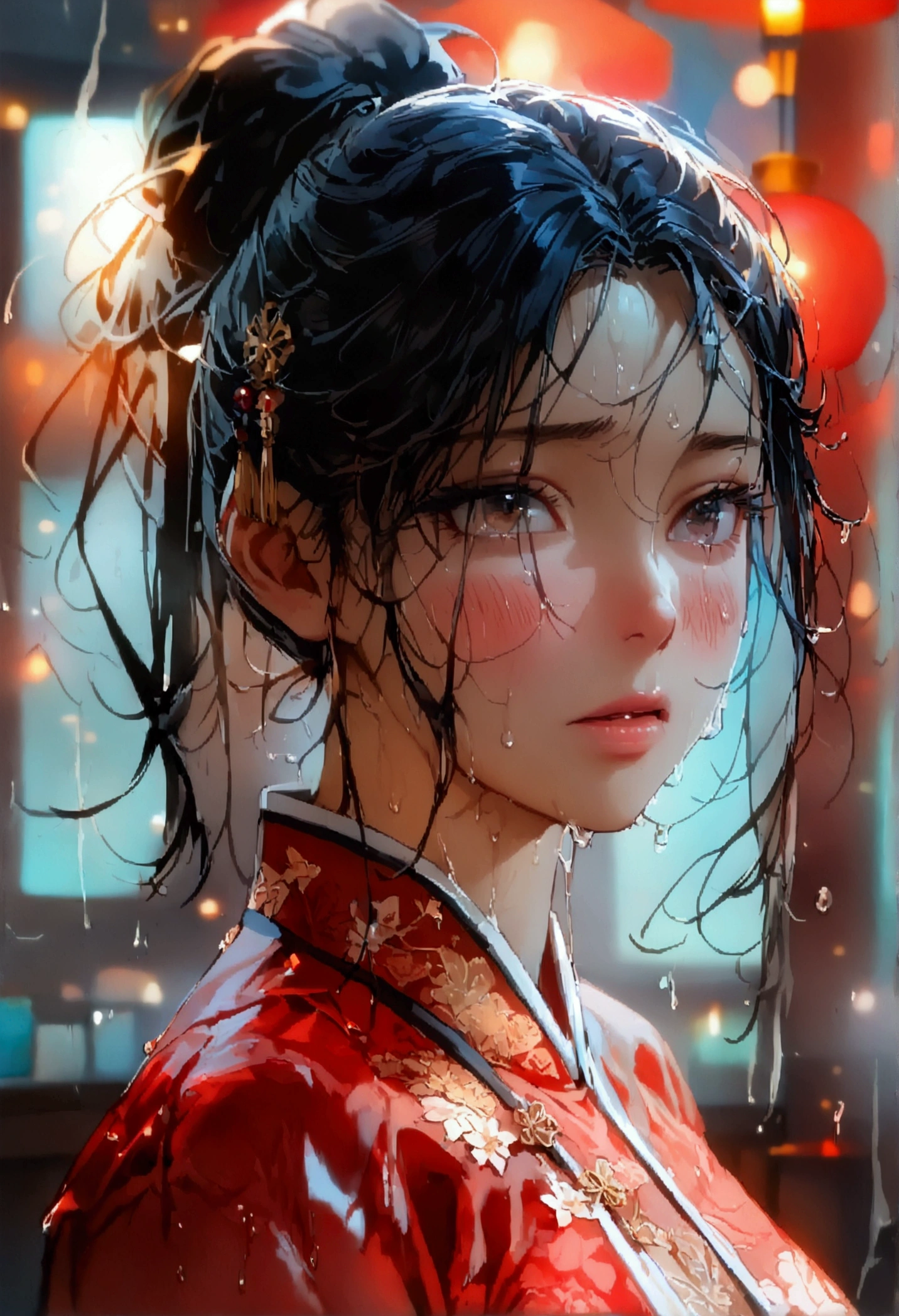 Double ponytail hair、Exquisite black cheongsam, Appears to be about 178, (beautiful girl: 1.3),best quality,8k,Highly detailed CG unit wallpaper,masterpiece:1.2,Top quality,Ultra-high resolution,RAW photos,Real texture skin,Cinema Lighting,Awkward,blush, steam,wet,Sweat,Wet eyes,Weak,megabuildings,City,This girl is a delivery girl delivering Chinese food to customers.,,烹饪产生的蒸steam,,,Large target, round, Beautifully shaped buttocks,,((Buttock posture)),