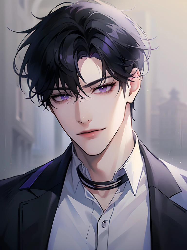 (masterpiece, 8k, high quality, best quality:1.6), 1boy, solo, short hair, black hair, asymmetrical fringe, purple eyes, handsome, sharp eyes, (mature male, mature:1.2), male focus, fashionable, tucked in open white collared shirt, gray pants, necklace, close up, smile, long eyelashes, soft shadows, perfect anatomy
