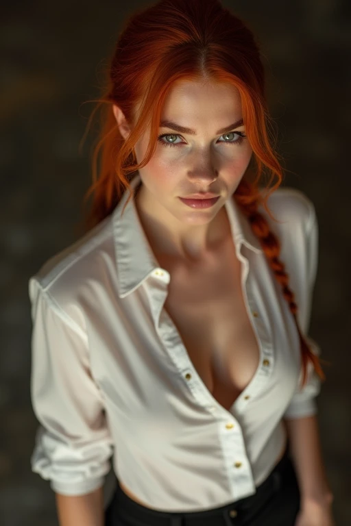 ((photorealistic, UHD, best quality)), awesome young woman, Penny Pax, 20yo, perfect body, european girl, pale white skin, (view from above), long hair, ponytail, redhead, cute, medium breasts, thin waist, cinematographic lighting, skirt, white shirt, cleavage, (fit clothes)