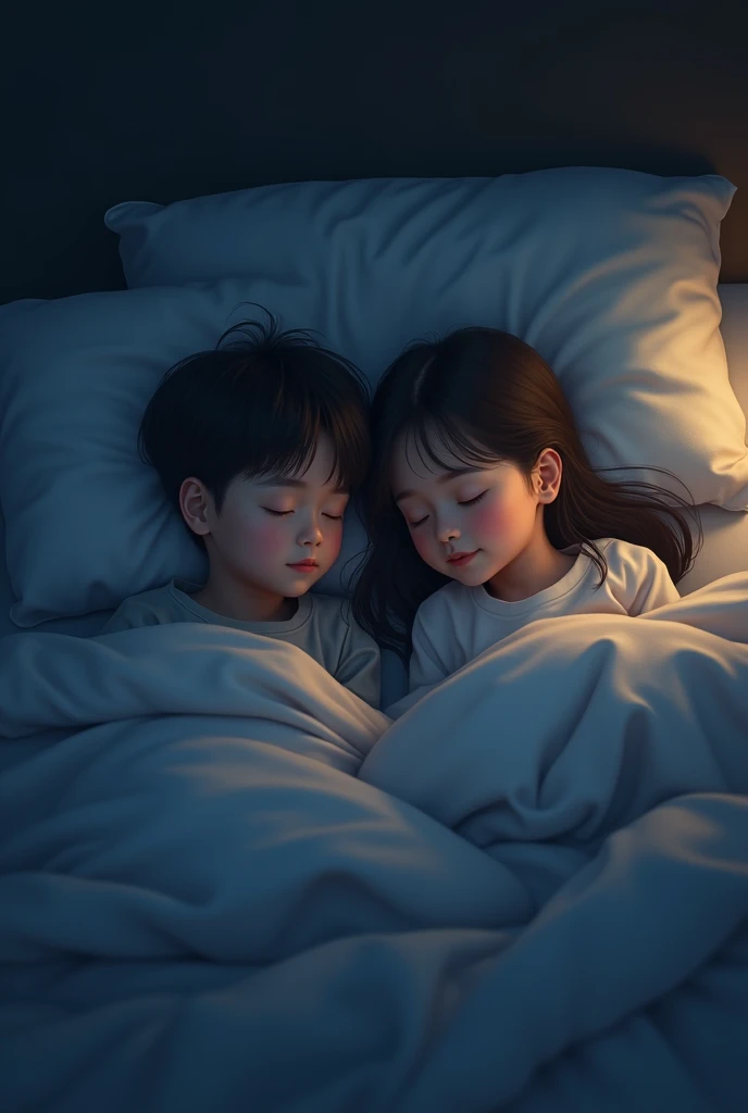 A boy and a girl sleeping in bed night slow light