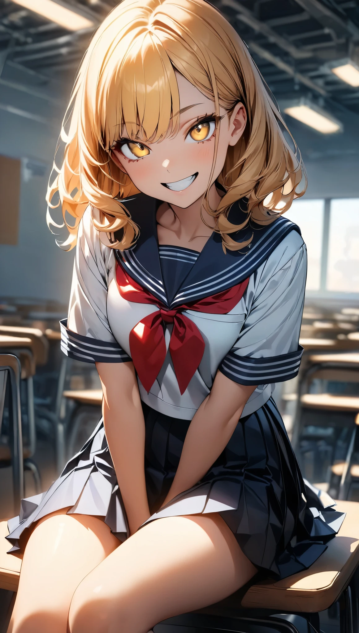 (Highest quality:1.2, Very detailed, up to date, Vibrant, Ultra-high resolution, High Contrast, masterpiece:1.2, Highest quality, Best aesthetics), (((1 person))), Golden Hair Girl, pale golden eyes, crazy smile, Sailor suit, Pleated skirt, Hands behind the body, please sit down, Strike a Pose, photo shoot, School classroom, Sharp focus, Gazing Eyes, Beautiful Skin, Glowing Skin, Perfect Fingers, Five Fingers, Anatomically correct, Background Blur.