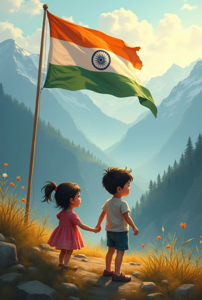Twoo a small children and the background is mountain and one Indian flag, morning view , realistic photography