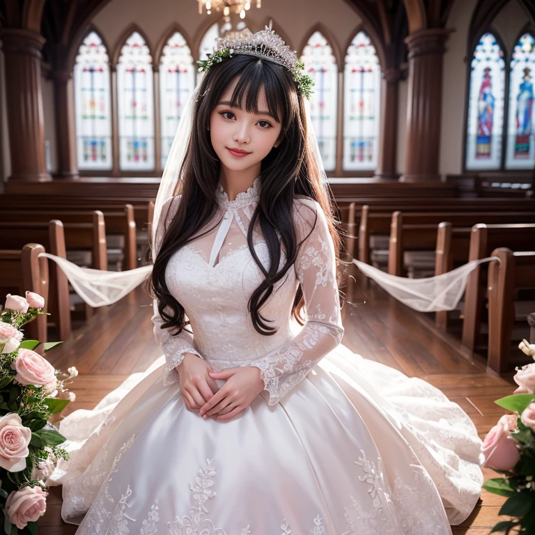 best quality, Delicate face,beautiful visual work, lifelike, eternity, black hair, Long curly hair, blunt bangs, Smile, Detailed Background, Delicate face,pink blush,cold,((masterpiece))、(top quality)、8k、high detail、Super detailed,31 years old female,Seductive and whimsical style、masterpiece、born、Scenes resembling fairy tale illustrations、Intricate details and complex designs、Beautifully、magic、capricious、 Beautifully、Dream aesthetics、「𝓡𝓸𝓶𝓪𝓷𝓽𝓲𝓬、ethereal、charming、fickle、magic」、Realism、Visual effects、FXAA、SSAO、Shaders、voiceless、ambient lighting、Tone mapping、High resolution、Ultra high quality、Million pixels、(8K resolution:1.10)、8k、Below 8K、8K resolution、high detail、intricate details, (high quality:1.2、masterpiece:1.2、:1.21)、(31 years old female:1.21)、(Smile excitedly)、(Surrounded by the dreamy atmosphere、Model diagram,full-body shot,Normal 2 feet,Don't show your fingers,wearing white princess wedding dress, Don’t show your feet, big skirts, princess dress, wedding princess dress, ball gown wedding dress, bride, bridal veil,in the church,Holding flowers in both hands, long skirt, long sleeves,a bride, skirt covers feet.