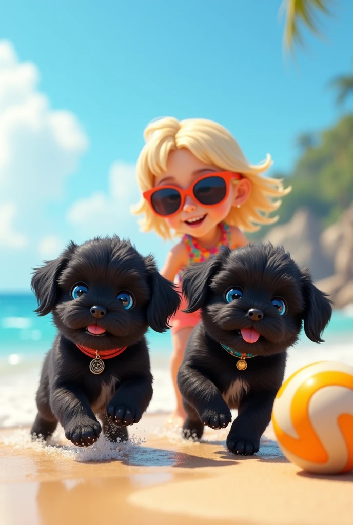 cute adorable 2 black shih tzu puppies, cute blonde girl, extremely detailed, big blue eyes, wearing colorful collar and sunglasses, playing beach volleyball, 3D Pixar style, at beach, photorealistic, (best quality,8k,highres,masterpiece:1.2),ultra-detailed,(realistic:1.37),HDR,vivid colors,studio lighting