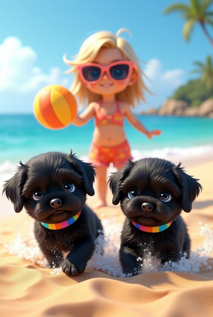 cute adorable 2 black shih tzu puppies, cute blonde girl, extremely detailed, big blue eyes, wearing colorful collar and sunglasses, playing beach volleyball, 3D Pixar style, at beach, photorealistic, (best quality,8k,highres,masterpiece:1.2),ultra-detailed,(realistic:1.37),HDR,vivid colors,studio lighting