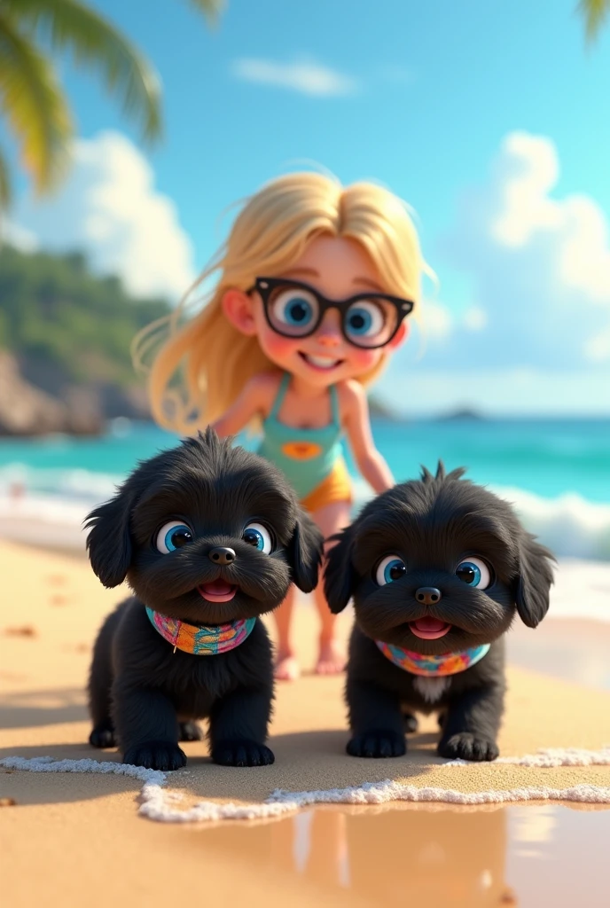 cute adorable 2 black shih tzu puppies, cute blonde girl, extremely detailed, big blue eyes, wearing colorful collar and sunglasses, playing beach volleyball, 3D Pixar style, at beach, photorealistic, (best quality,8k,highres,masterpiece:1.2),ultra-detailed,(realistic:1.37),HDR,vivid colors,studio lighting